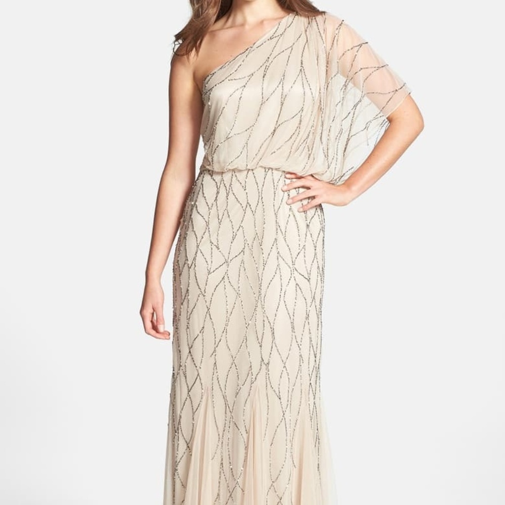 ADRIANNA PAPELL One-Shoulder Beaded Gown Size 10